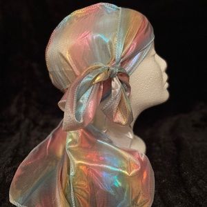 White multi colored satin Durag